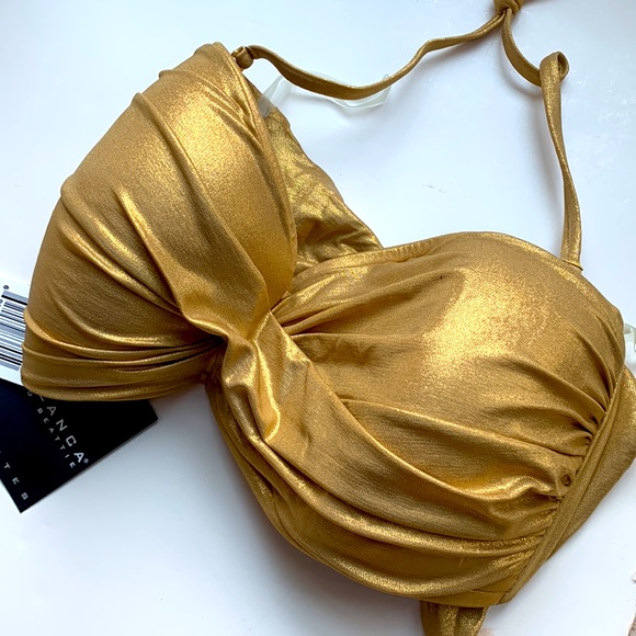 La Blanca Gold Ruched Two Piece Bandeau Bikini Set Halter Tie Wear It 3 Ways ⭐️ - Picture 5 of 16